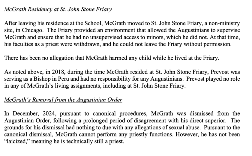 Parte de una declaración de un bufete de abogados que representa a los agustinos en Chicago.