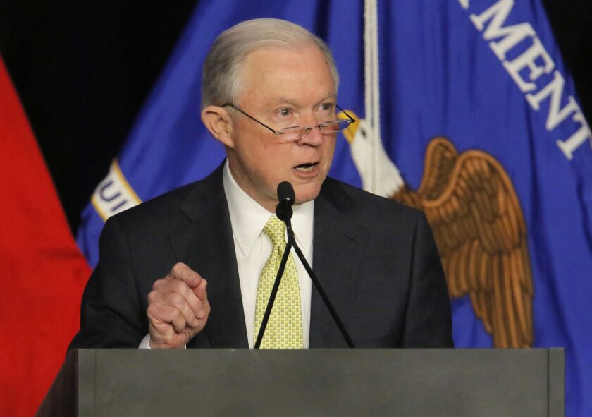 U.S. Attorney General Jeff Sessions at the National Law Enforcement Conference on Human Exploitation in Atlanta on Tuesday. | Bob Andres/Atlanta Journal-Constitution via AP