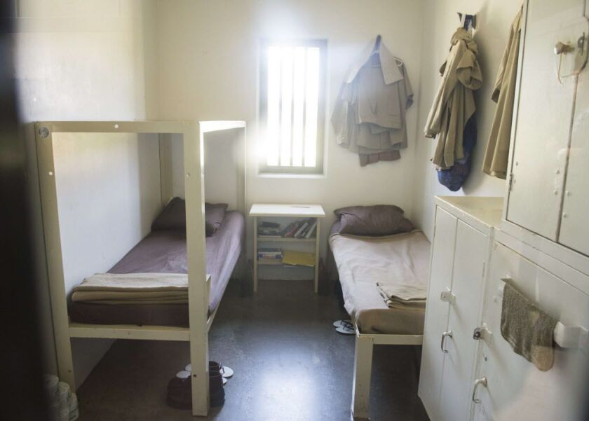 A prison cell is seen through the door window following a tour of the cell block by US President Barack Obama at the El Reno Federal Correctional Institution in El Reno, Oklahoma, July 16, 2015. Obama is the first sitting US President to visit a federal p