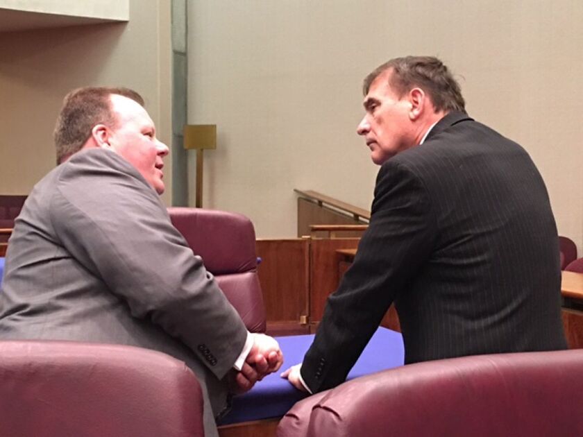 <a href="https://chicago.suntimes.com/politics/balcer-denies-he-was-forced-out-to-make-way-for-daley-nephew/amp/">Retired alderman Jim Balcer</a> (right) with his successor, Ald. Patrick Daley Thompson (11th), in February 2016. | Sun-Times files