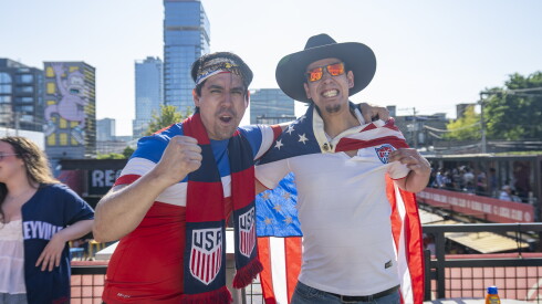Brothers and Team USA fans Ian Santillan and Alec join hundreds of others at Recess Chicago to watch the USA and Belgium World Cup match, Monday, July 6, 2026.