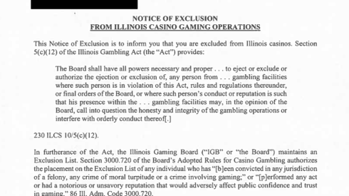 The letter sent to Vincent DelGiudice explaining his ban from Illinois casinos.