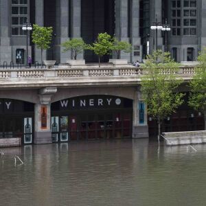 The Chicago River overflowed its banks and flooded the Riverwalk after overnight showers and thunderstorms across the city, Monday morning, May 18, 2020.