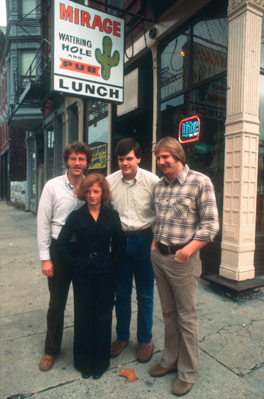 William Recktenwald, (left) alongside Sun-Times reporters Pam Zekman and Zay Smith, and Jeff Allen, who posed as the Mirage owner.