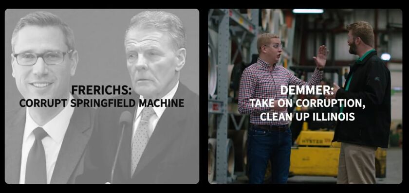 Republican Tom Demmer, second from right, features images of state Treasurer Mike Frerichs, left, and former House Speaker Mike Madigan, second from left, in his campaign video.