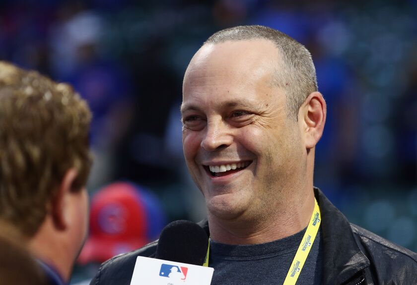 <em>Actor Vince Vaughn is interviewed during batting practice before Game Four of the 2016 World Series. (Getty Images)</em>