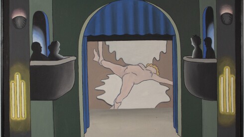 Roger Brown, Untitled (Movie house with nude female), 1968. Oil on canvas, 24 3/4 × 24 5/8 × 1 3/4 in. (62.9 × 62.5 × 4.4 cm).