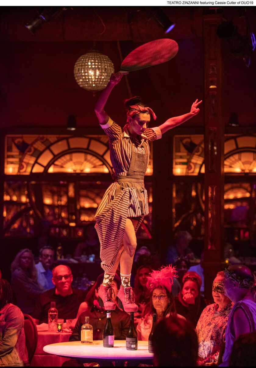 Performing high-wire acrobatics or walking on soda bottles, Cassie Cutler of trapeze all-stars DUO19 showed no respect for gravity in Teatro Zinzanni, a 2 1/2-hour feast for the senses running through Nov. 28 at the downtown Cambria Hotel.