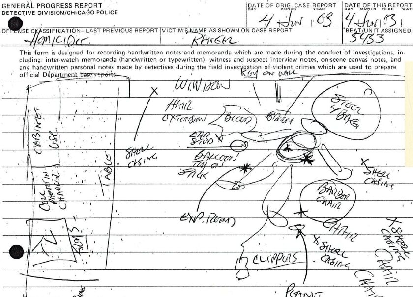 A detective’s sketch of the Rudy Rangel Jr. murder scene. | Chicago Police Department