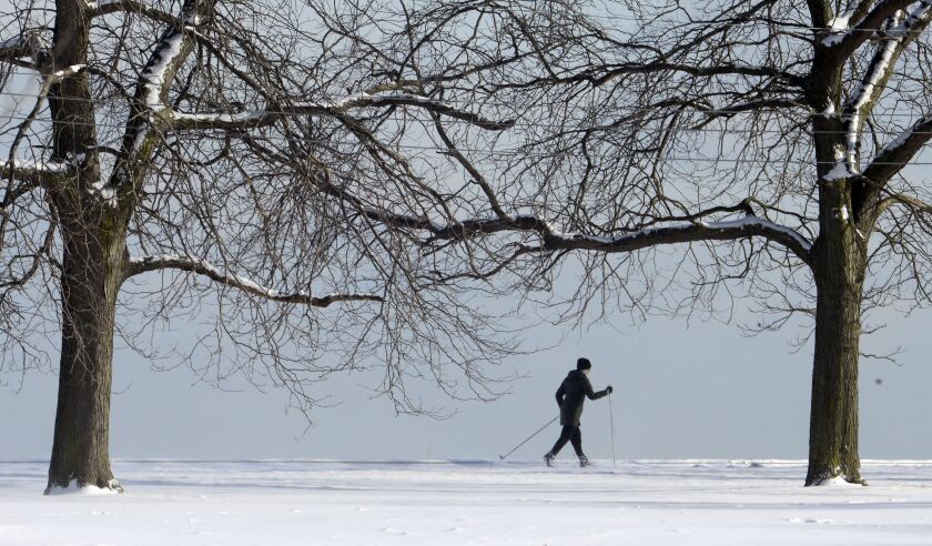 Linda Hall cross country skis Tuesday afternoon at Waveland Park on the lakefront. “I love it ’cause I like to ski. I like the sunshine and snow,” she said. | Michael Schmidt/Sun-Times