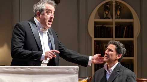 Actors Ian Barford (left) and Sean Fortunato rehearse scene 4 of “Leopoldstadt” at the Writers Theatre in suburban Glencoe, Friday, May 29, 2026.
