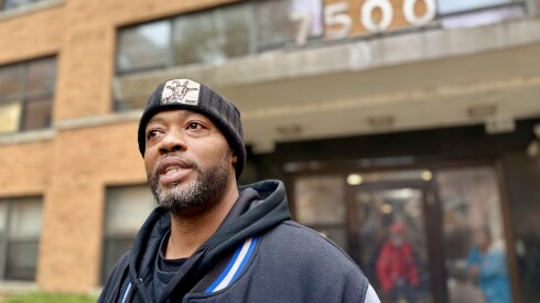 Darren Hightower speaks about forming a tenants union for the remaining 36 people living in the South Shore building that was raided by federal agents and has been all but abandoned by its owner.