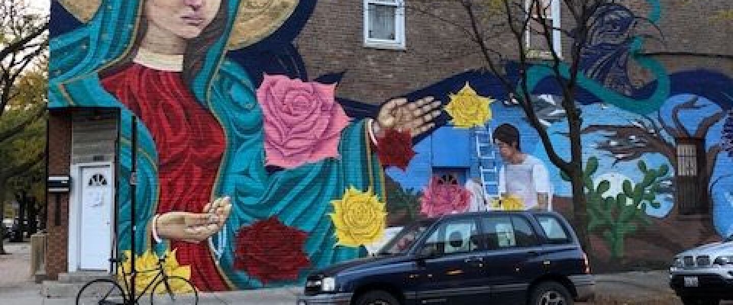 Mural by Miguel A. Del Real depicting Our Lady of Guadalupe at Cullerton and Wood streets.