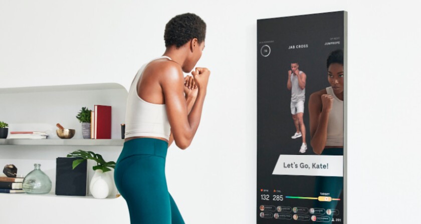 When engaged, the Mirror becomes a screen that allows you to see yourself, while also watching a trainer who’s leading a class.
