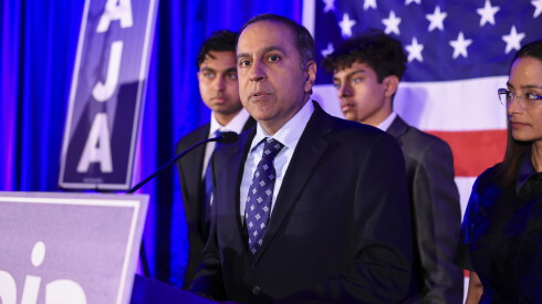U.S. Rep. Raja Krishnamoorthi, Democratic primary candidate for U.S. Senate, gives his concession speech during his election night watch party at the Westin Hotel at 909 N Michigan Ave in River North, Tuesday, March 17, 2026. U.S. Rep. Raja Krishnamoorthi lost his bid for Senator to Lieutenant Governor Juliana Stratton. | Anthony Vazquez/Sun-Times