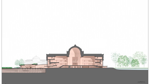 A cross-sectional view of the Welcome Hall, its glass connection to the building, and a proposed new underground exhibition hall below the new space.
