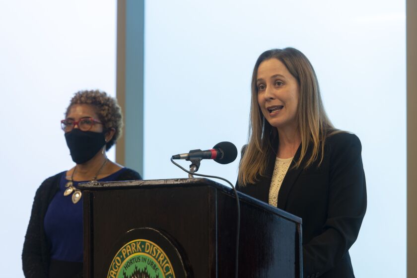 Attorney Valarie Hays speaks to reporters at a news conference on Tuesday, Nov. 2, 2021 at Jesse White Park.