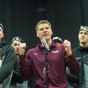 Ramblers Coach Porter Moser addresses fans. | Tyler LaRiviere/Sun-Times