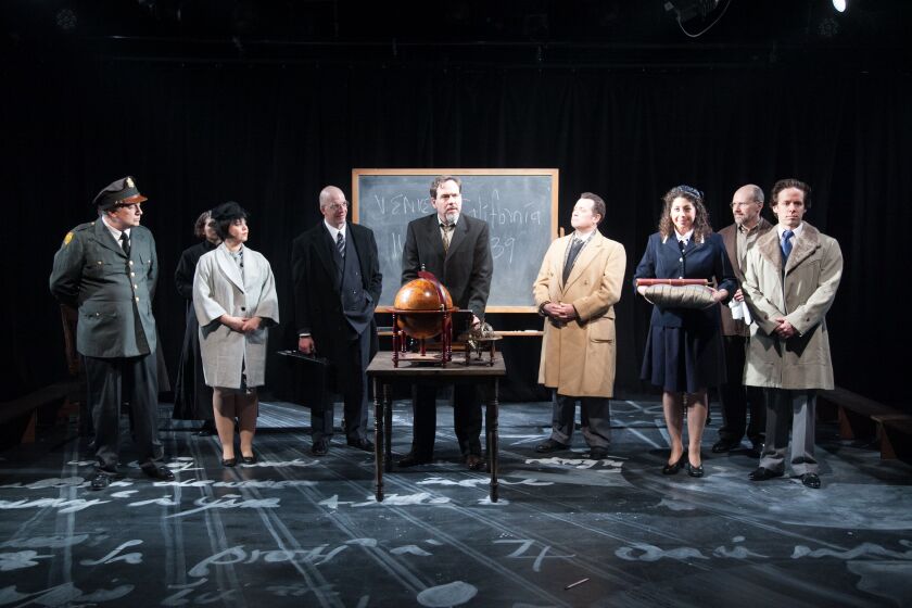 The cast for the Remy Bumppo production of “The Life of Galileo,” with Shawn Douglass (center) as the title character. (Photo: Johnny Knight)