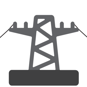 An illustration of a tall metal tower supporting high-voltage electric transmission lines, with cables stretching past the left and right edges of the image.