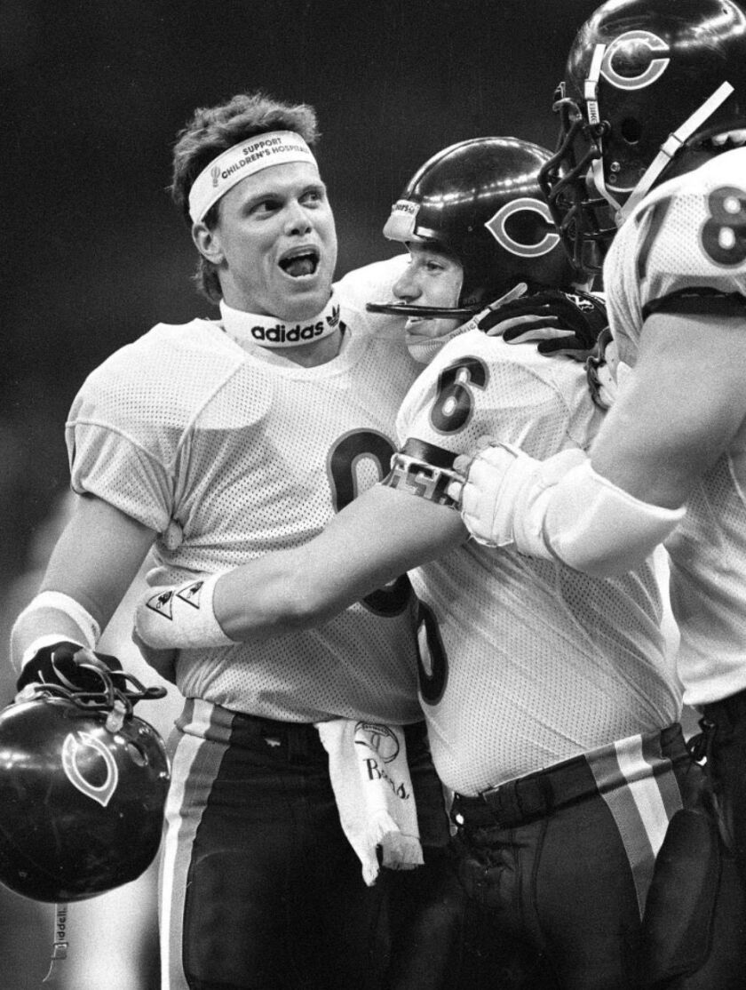 Jim McMahon, Kevin Butler and Keith Van Horne begin to celebrate during Super Bowl XX. (AP)