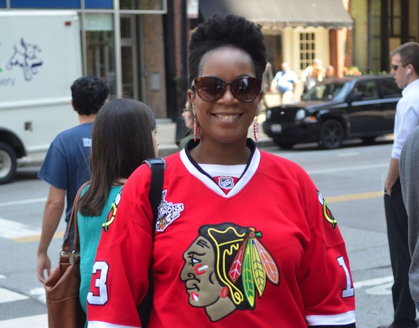 <small><strong>Alexis Timmens was showing her team pride on Wednesday. | Mitch Dudek/Sun-Times</strong></small>