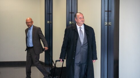 (From left) Daniel Woods and Larry Mason wait for an elevator at the Daley Center, 50 W. Washington St., on Thursday, Oct. 16, 2025. | Zubaer Khan/Sun-Times