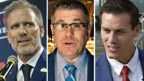Republican businessman Gary Rabine, left; state Sen. Darren Bailey, center; Republican venture capitalist Jesse Sullivan, right.