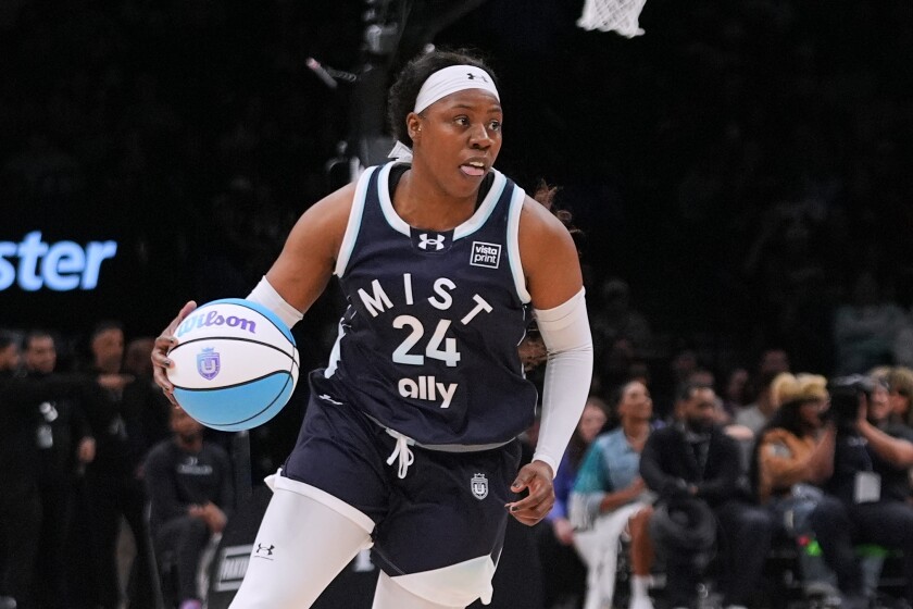 Mist BC wing Arike Ogunbowale looks to pass during the second half of a semifinal in an Unrivaled 3-on-3 basketball game against Breeze BC, Monday, March 2, 2026, in New York.