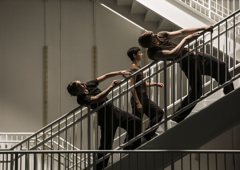 Hubbard Street Dance Chicago’s Kellie Epperheimer (from left), Adrienne Lipson and Elliot Hammans will perform in Peter Chu’s installation piece at the Harris Theater for Music and Dance, the opening program of the company’s 40th anniversary season. | Tod