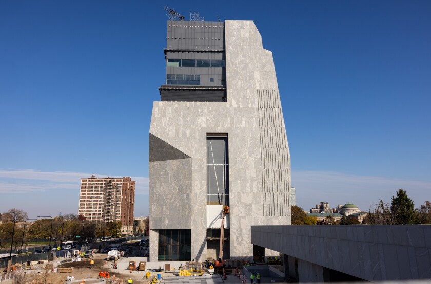 The 225-foot museum tower is nearing completion. It's clad in light-colored New Hampshire granite.