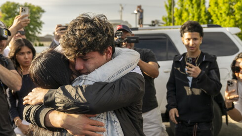 Ricardo Navarrete and his mother Liliana embrace after Ricardo was released from immigration detention, outside of a Shell gas station located at 1601 E. 109th Ave., Tuesday, May 26, 2026, in Crown Point, In. | Tyler Pasciak LaRiviere/Sun-Times