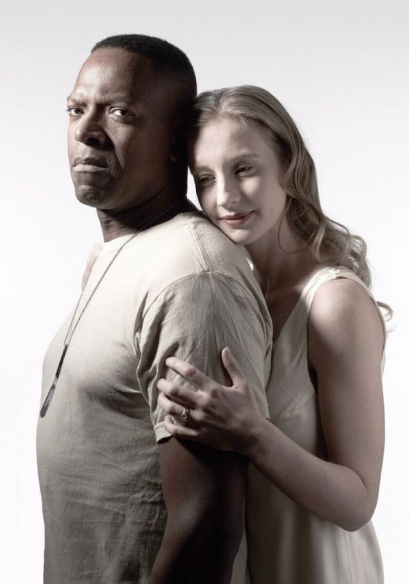 James Meredith as Othello, with Bethany Jillard as Desdemona, in the Chicago Shakespeare Theatre production of “Othello.” (Photo: Jeff Sciortino)
