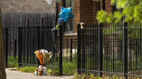 A small memorial last October outside the home where Akeem Briscoe, 7, was shot to death in the 2600 block of West Potomac Avenue in Humboldt Park. Rates of child shootings have risen during the COVID-19 pandemic, especially among Black children, according a new study.