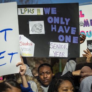 Students stage a protest walkout after Chicago Public Schools fired the interim principal John Thuet and assistant principal Michelle Brumfield, and re-assigned the boys basketball coach Donovan Robinson, due to misconduct allegations at Lincoln Park High School, Monday morning, Feb. 3, 2020. CPS also suspended the varsity boys’ basketball team for the rest of the season.