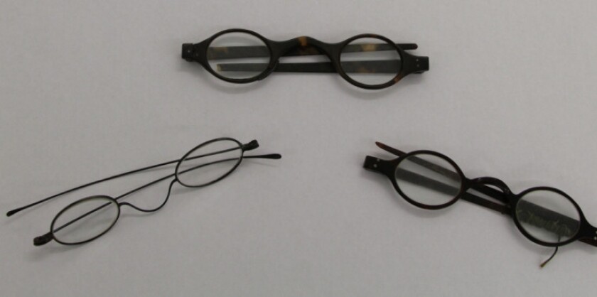 Spectacles believed to have belonged to Jane Austen (now British Library Add MS 86841/2-4): wire-framed pair (on left), ‘tortoiseshell pair A’ (centre), ‘tortoiseshell pair B’ (on right, with string wound around arm). | BLOGS.BL.UK