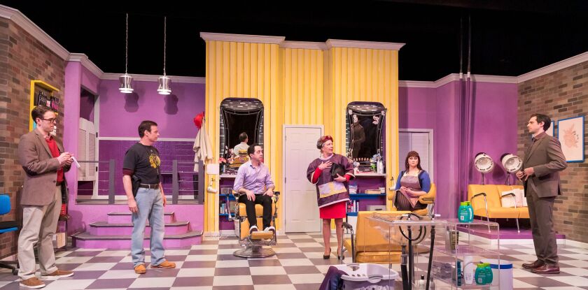 Sam Woods (from left), Joe Popp, Ed Kross, Mary Robin Roth, Brittany D. Parker and David Sajewich star in “Shear Madness” at the Mercury Theater.