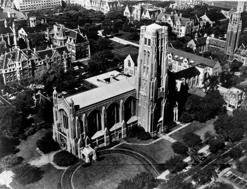 Aerial view of Rockefeller Chapel on the campus of the University of Chicago in October, 1965 | Sun-Times archives