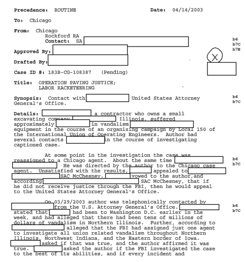 A record in William Dugan’s FBI file shows questions were asked about the thoroughness of the federal investigation into Operating Engineers Local 150.