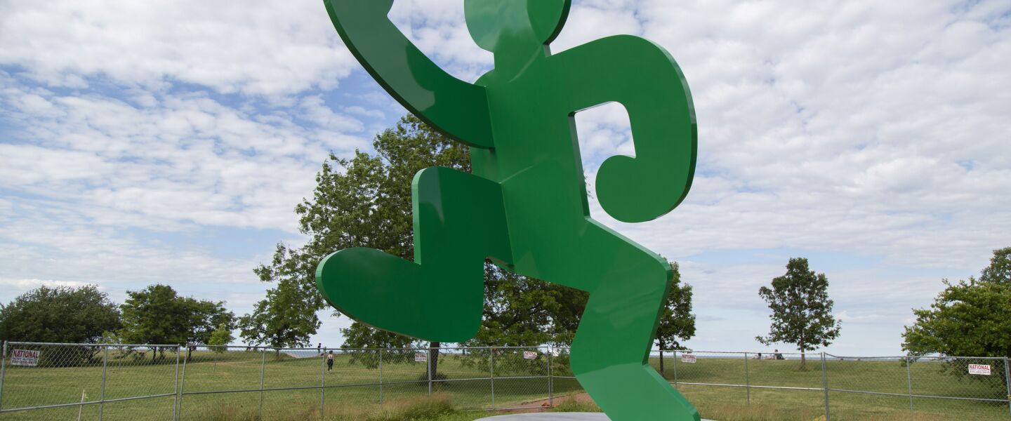 Keith Haring’s “Self Portrait” sits in the middle of the AIDS Garden at 3003 N Lakefront Trail, formerly the site of the Belmont Rocks.