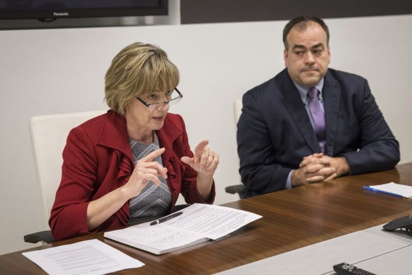 Cook County assessor Democratic primary candidates Andrea A. Raila, left, and Fritz Kaegi met with the Sun-Times Editorial Board Friday, January 26, 2018. File Photo. | Rich Hein/Sun-Times