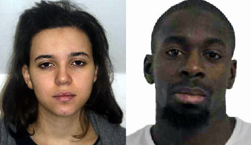 <small><strong>This combination of images released on Jan. 9, 2015, by the French police shows Hayat Boumeddiene (left) and Amedy Coulibaly (right), suspected of being involved in the killing of a policewoman in Montrouge on Jan. 8. Coulibaly is also susp