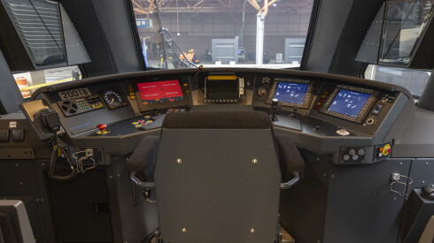 The engineer cab of one of Metra's new electric train cars displayed Oct. 14, 2026 at LaSalle Street Station in the Loop.