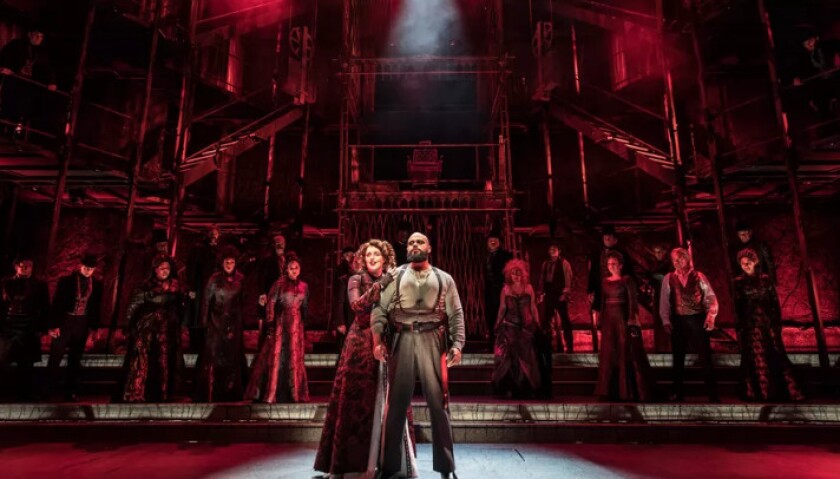 Paul-Jordan Jansen plays Sweeney Todd and Bri Sudia is Mrs. Lovett in the Paramount Theatre production of Stephen Sondheim’s “Sweeney Todd – The Demon Barber of Fleet Street.” (Photo: Liz Lauren)