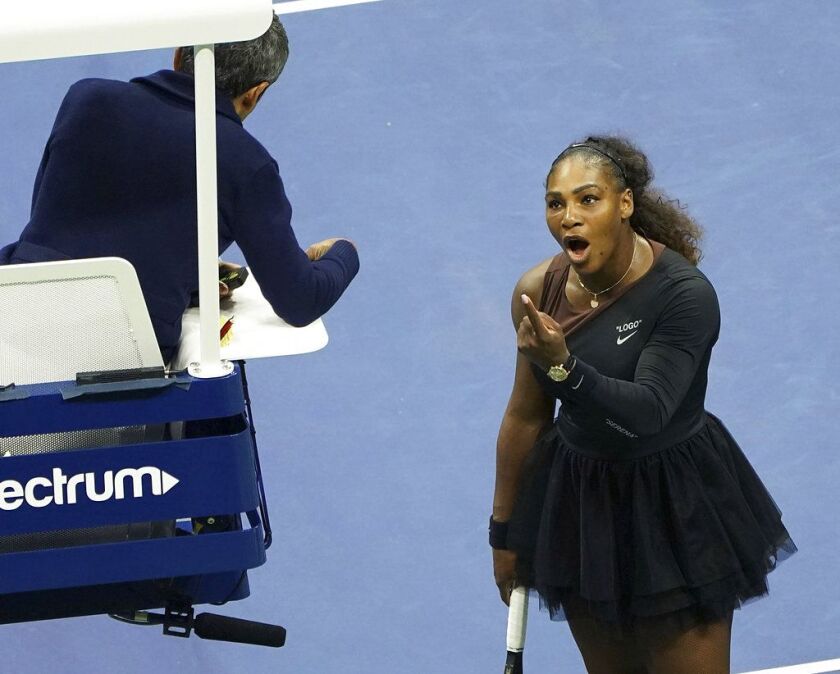 Serena Williams argues with the chair umpire during a match against Naomi Osaka, of Japan, during the women’s finals of the U.S. Open tennis tournament. | AP Photo