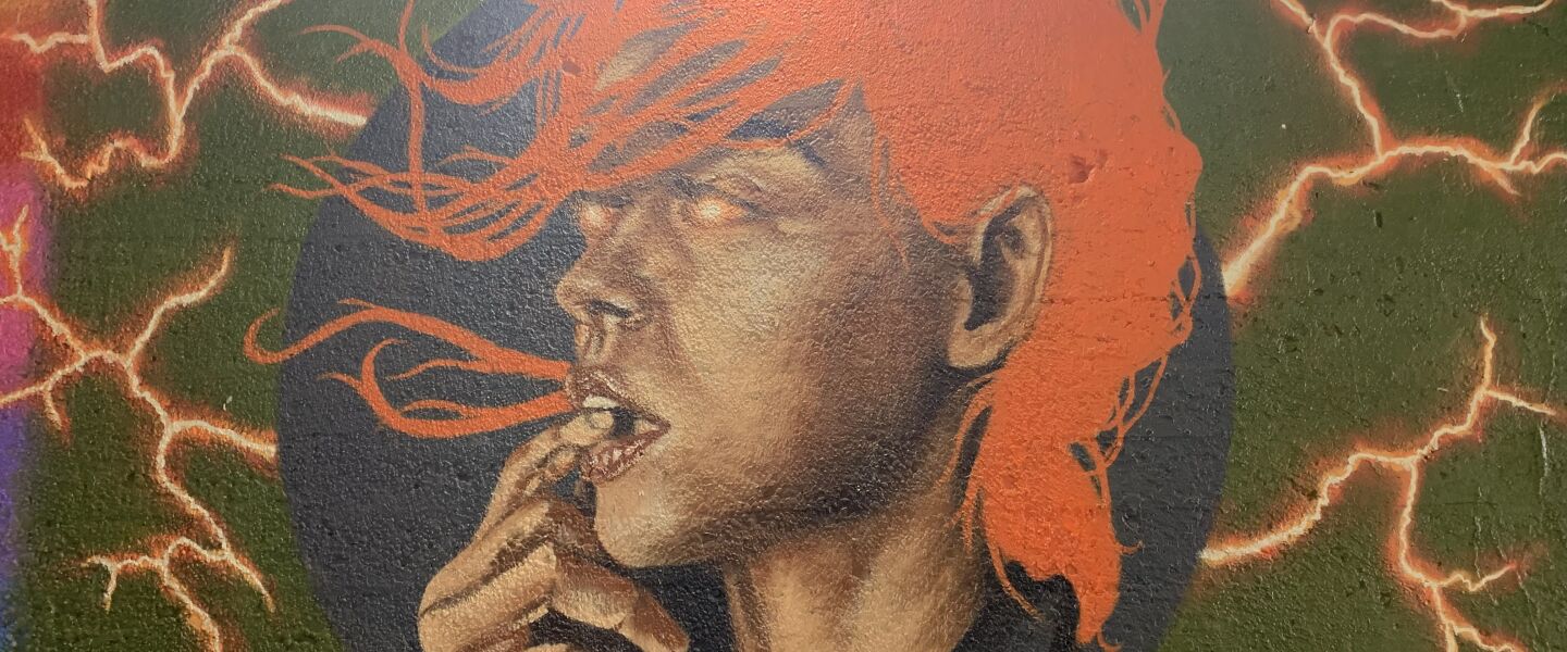 Chicago artist Everett Reynolds says this mural was “originally designed to simply be a beautiful lady.” He made a late addition, putting the lightning bolts in the background, “to symbolize the beautiful energy felt while the viaduct was being painted.”