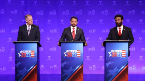 Republican candidates for governor, from left, former state Sen. Paul Schimpf, Aurora Mayor Richard Irvin and attorney Max Solomon at the NBC 5 Telemundo Chicago Forum on Tuesday.