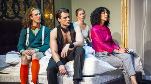 Patrick Gosney (from left), Ryan Cason, Theresa Liebhart and Sandra Franco star in the Pride Arts production of “Tommy on Top.”