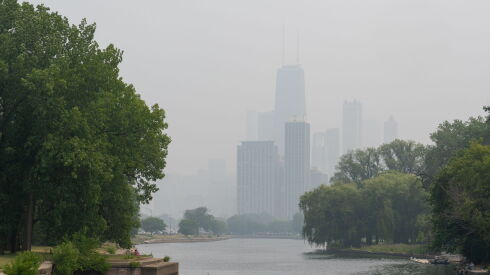 Smoke fogs the Chicago skyline in late June 2023.