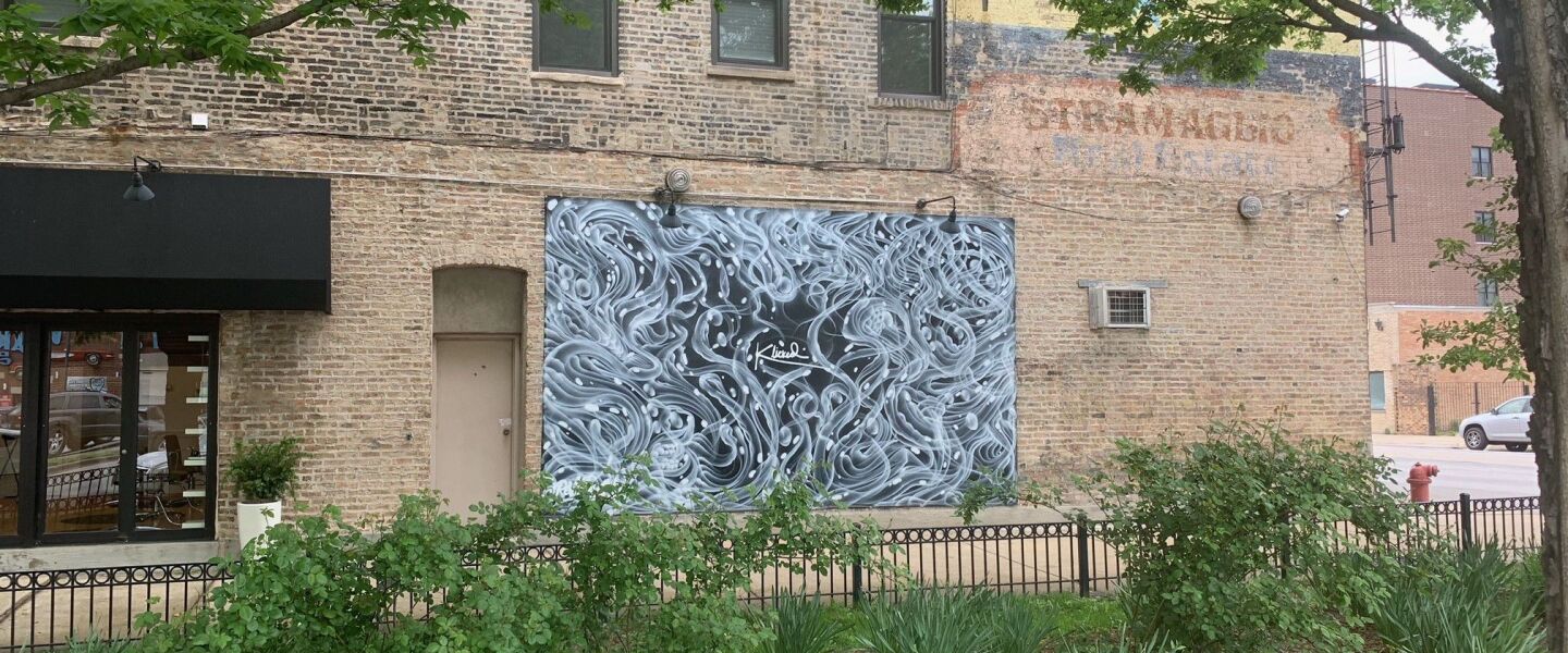 Won Kim did his first mural for Klicked Salon in January 2020: this black-and-white design inspired by X-ray images of hair follicles.